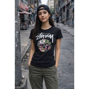 Stüssy Black 8-Ball Splatter Graphic Baby Tee – Fitted Cropped Tee – Size Small